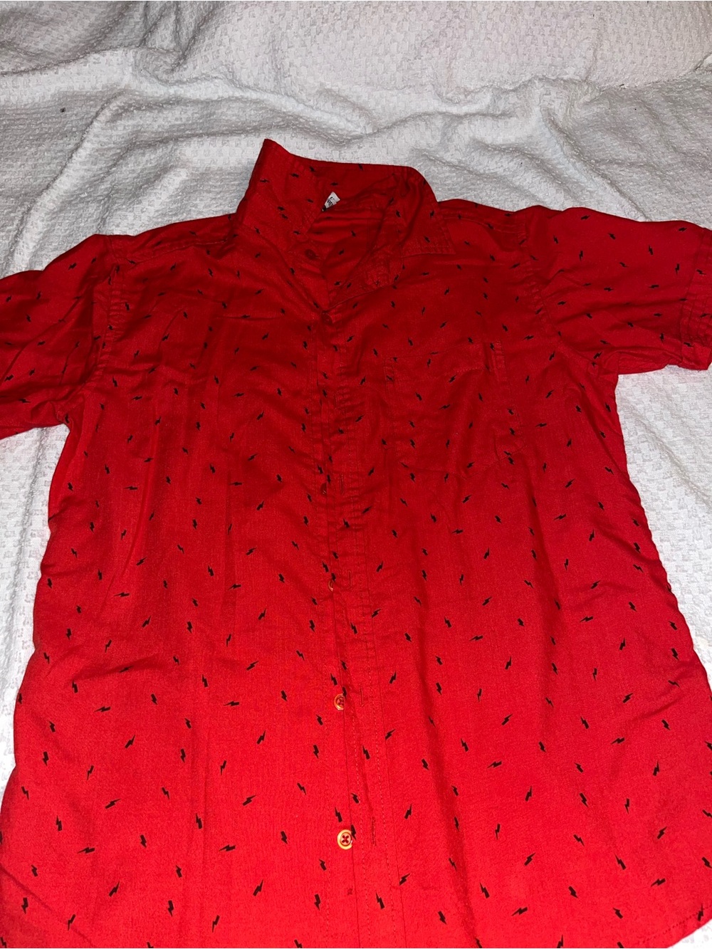 Men's Red Short-Sleeve Button-Down Shirt with Subtle Black Print